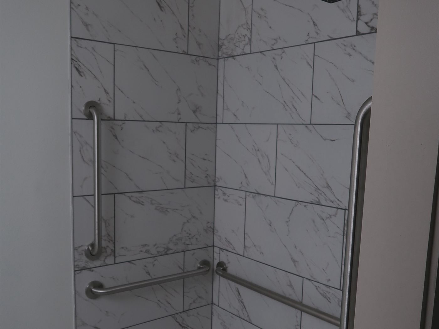A bathroom with a step-free shower and grab bars on three walls